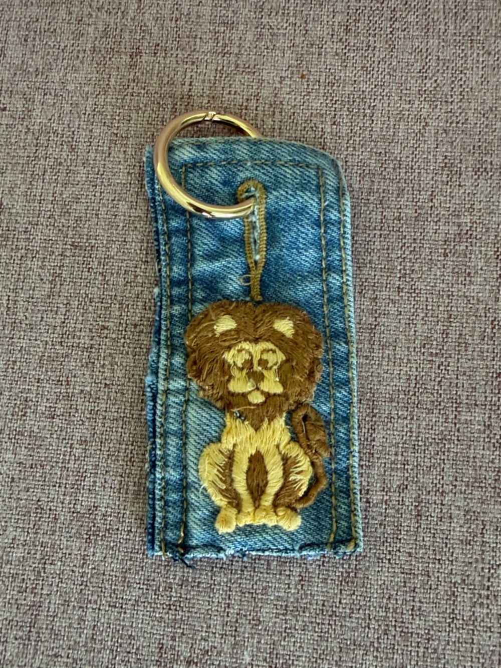 Handmade Denim Keychain with lion Embroidery